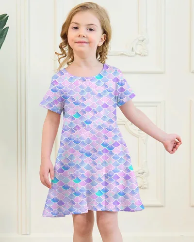Vista 2 de Vestidos para niñas con estampado lindo, de manga corta, vestidos casuales de verano para niñas de 4 a 10 años