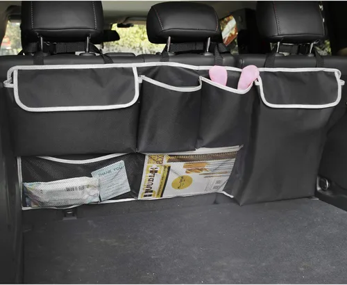 Vista 6 de UNUSTRENGH - Organizador de maletero para asiento trasero de automóvil, organizador plegable de carga con 6 bolsillos grandes y 3 correas ajustables
