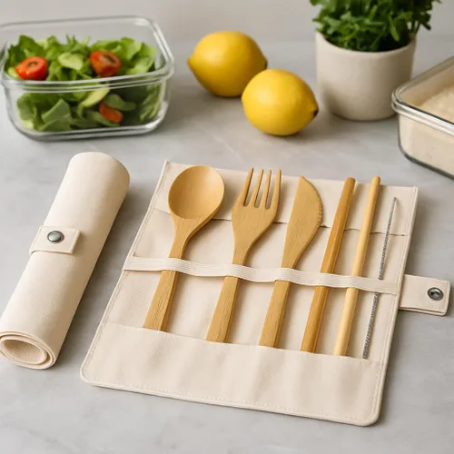Vista 2 de Juego de utensilios de bambú con estuche, cubiertos de viaje reutilizables y cubiertos portátiles con tenedor de madera, cuchara, cuchillo
