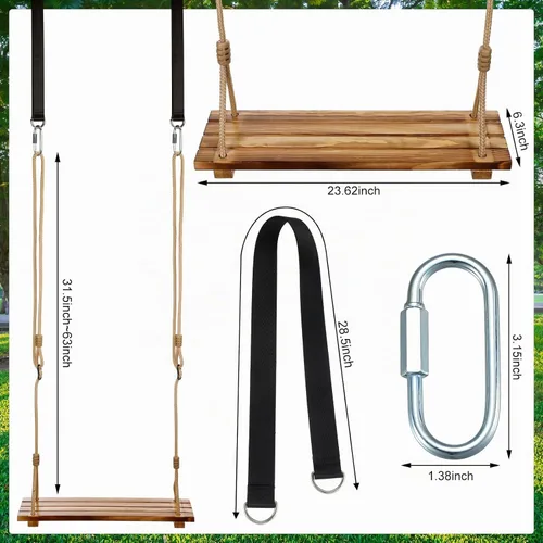 Vista 2 de Hollowfly 2 Piezas Asiento de Columpio de Madera Carbonizada Colgante Columpio de Árbol de Madera con Cuerda Ajustable Anticorrosivo Impermeable