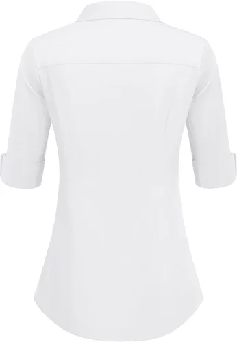 Vista 5 de HOTOUCH Camisa de manga 3/4 con botones para mujer, blusas de trabajo ajustadas, camisas de vestir de algodón, camisas de oficina