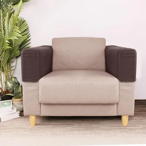 Vista 3 de Funda elástica para reposabrazos de sofá, 2 piezas, para oficina en casa y cómoda toalla de sofá, color café oscuro, material agradable a la piel