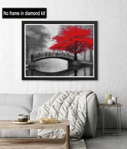 Vista 2 de Diymood Kits de pintura de diamantes 5D para adultos, paisaje, kits de arte de diamantes para adultos, puente de árbol rojo, redondo de taladro