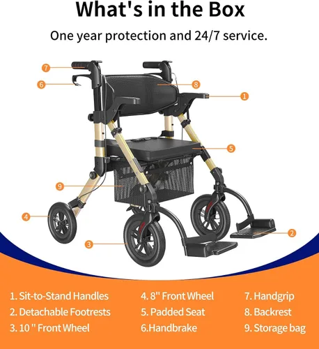Vista 9 de VOCIC Andadores para personas mayores, andador con ruedas con asiento, silla de ruedas transportable ligera plegable, andador rodante para adultos