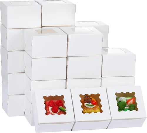 Vista 12 de Moretoes 24 cajas de panadería con ventana, 4 x 4 x 2.5 pulgadas, cajas de galletas marrones para pasteles pequeños, galletas y postres