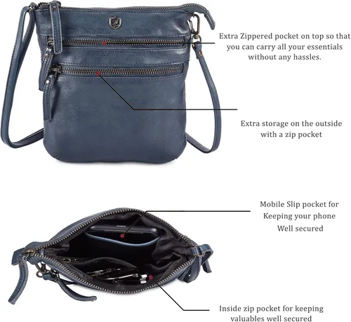 Vista 3 de COCHOA Bolso cruzado pequeño de cuero real con triple cremallera para mujer, bolso cruzado vintage de primera calidad