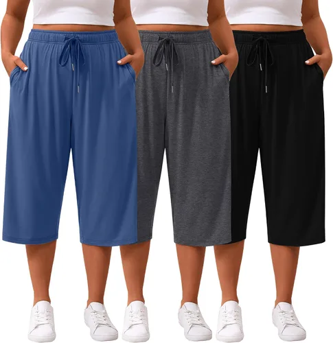 Vista 16 de Paquete de 3 pantalones capri de talla grande para mujer, ajuste holgado, pierna ancha, pantalones recortados para yoga, descanso, entrenamiento
