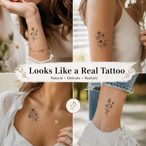 Vista 3 de 50 hojas de tatuajes temporales de ramas pequeñas de flores negras para mujeres y niñas, ramo de flores pequeñas, tatuaje temporal de plantas