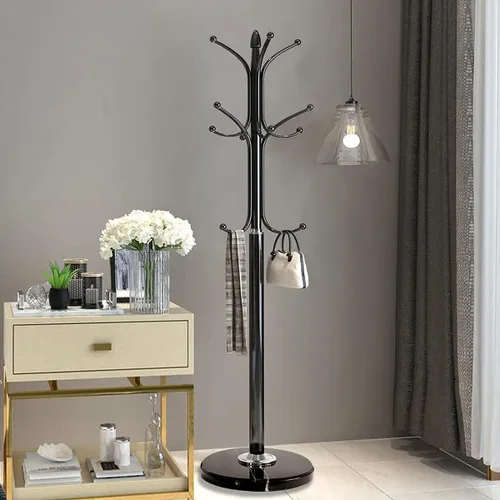 Vista 2 de Kertnic Perchero independiente, árbol de pasillo de metal resistente con 12 ganchos, perchero estable de 70 pulgadas de alto con base de mármol Negro