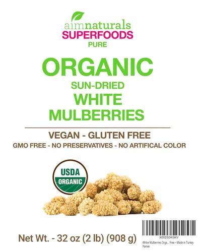 Vista 4 de Moras Blancas Secas Orgánicas a Granel 2 Libras Bolsa – Certificado Orgánico USDA – Secadas al Sol, Crudas, Sin GMO y Sin Gluten – Producto