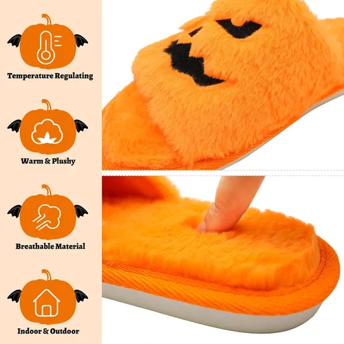 Vista 5 de Lopbraa Pantuflas de calabaza de Halloween mullidas de demonio, pantuflas de murciélago de felpa suave para interiores y exteriores, para mujeres
