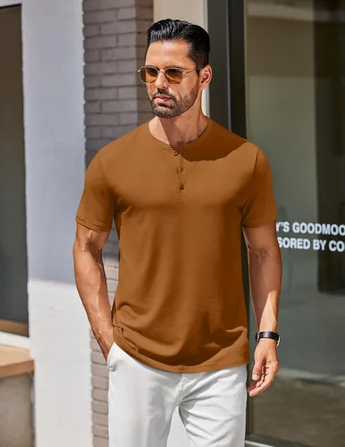 Vista 3 de COOFANDY Camisetas Henley de algodón de manga corta para hombre, estilo casual, con botones, camiseta básica Henley