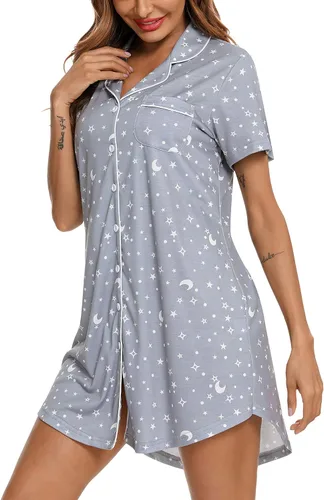 Vista 84 de Samring Camisón de pijama para mujer, manga corta/larga, con botones, camisón para dormir, camisón para novio, talla XXL
