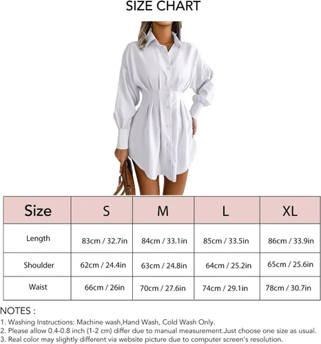 Vista 4 de Mini vestido camisero, plisado cintura ceñida asimétrica, vestido camisero blanco manga de fibra de poliéster, mini cuello de solapa abotonado