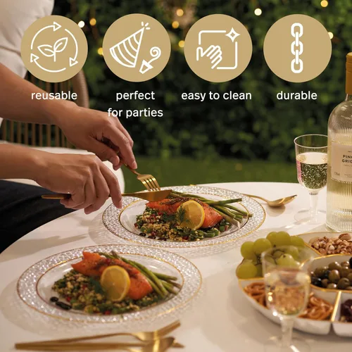 Vista 6 de MATANA 20 Platos de Fiesta Reutilizables de Plástico Transparente de 10 Pulgadas con Borde Dorado Martillado - Platos de Cena Resistentes de Primera