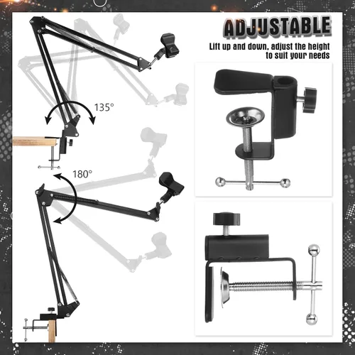 Vista 3 de Leinuosen Soporte de micrófono de escritorio con brazo de micrófono Boom con abrazadera de montaje de tornillo de 3/8 pulgadas, adaptador