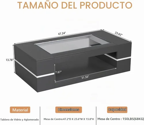 Vista 2 de HedoAjim Mesa de centro moderna y elegante de 47.2 pulgadas con parte superior de cristal, mesa grande para sala de estar, mesas centrales Negro