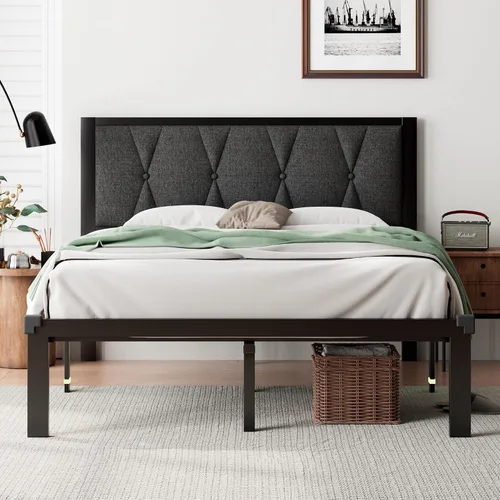 Vista 8 de iPormis Marco de cama tamaño matrimonial de metal, cama con cabecera tapizada con botones de piel sintética, soporte de listones resistentes, 30 cm