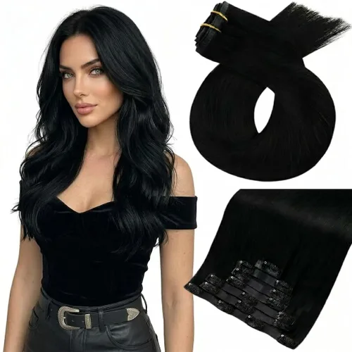 Vista 40 de Moresoo Genius - Extensiones de cabello humano real con clip, color negro azabache, invisibles, sin costuras, de trama de piel sintética