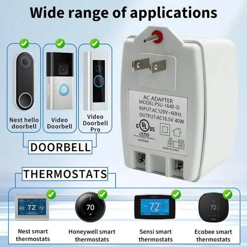 Vista 2 de Timbre de puerta de 16.5 V 40 VA enchufable de reajuste automático de transformadores de CA de seguridad, compatible con Ring Video Doorbell Pro