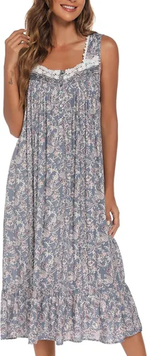 Vista 16 de AVIIER Camisones de algodón para mujer, sin mangas, vestido de casa largo con bolsillos, S-XXL Flor negra