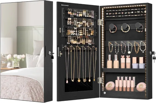 Vista 8 de SONGMICS Armario de joyería con espejo con luces LED integradas, organizador de almacenamiento de joyas montado en la pared o en la puerta, 3.8 x