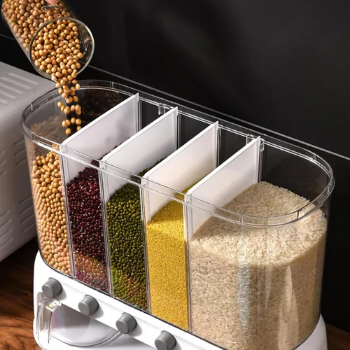 Vista 3 de Yuehuam Dispensador de alimentos secos, 12L montado en la pared, dispensador de granos de 5 rejillas, contenedor de almacenamiento de cereales