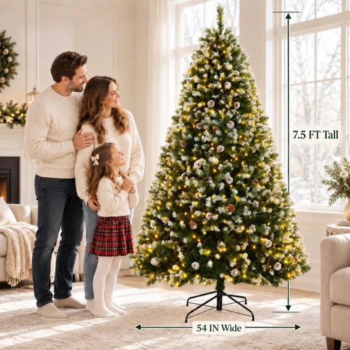 Vista 4 de Árbol de Navidad artificial esmerilado preiluminado con piñas, 7.5 pies Verde con piñas