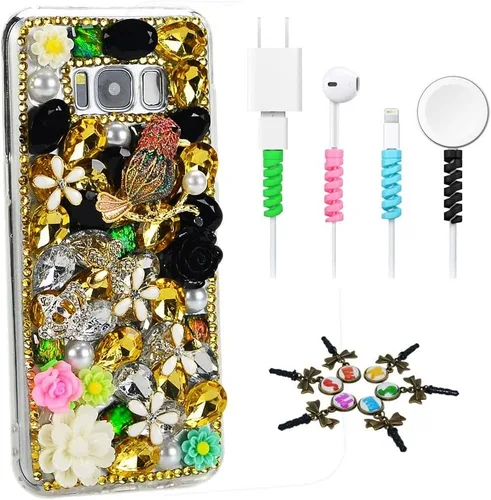 Vista 9 de Sparkle - Funda compatible con Samsung Galaxy S21 Ultra, elegante, diseño 3D hecho a mano con diseño de flores de libélula y flores con protector