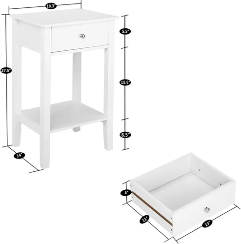 Vista 2 de Mesita de noche blanca con cajón, mesa auxiliar, mesa auxiliar, mesita de noche simple con almacenamiento de estantes, estantería pequeña, estante