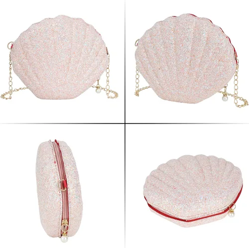 Vista 5 de Bolso de noche de concha de mar para mujer, bolso de hombro con correa de cadena de sirena, bolso de mano