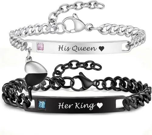 Vista 11 de MEALGUET Pulseras a juego para parejas para hombres y mujeres: juego de pulseras de cadena de eslabones cubanos de acero inoxidable para novio