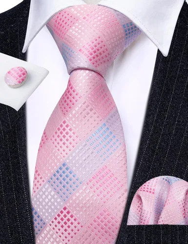 Vista 38 de Barry.Wang Juego de corbatas a cuadros para hombre con pañuelo gemelos de rayas clásicas