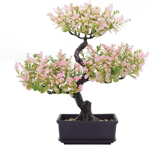 Vista 9 de Árbol bonsái falso, planta de pino de flor artificial, decoración de fiesta de Navidad, decoración del hogar, plantas falsas para decoración de Verde
