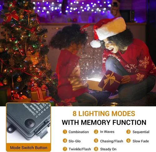Vista 2 de Luces de Navidad operadas por batería - 132 pies, 300 LED, 8 modos, impermeables para interiores y exteriores, luces de hadas, tiras de luces