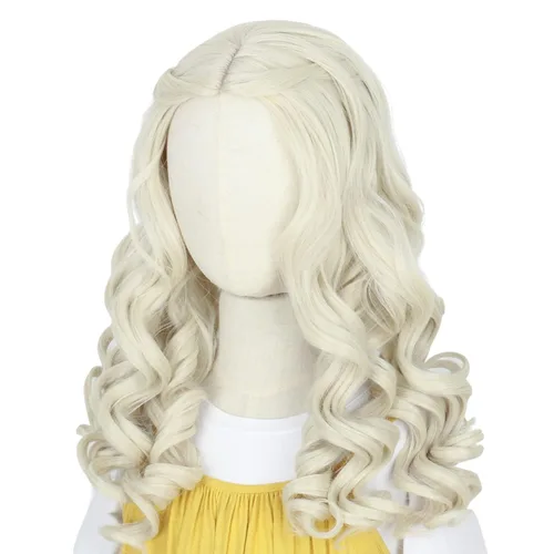 Vista 6 de Koonfan Peluca blanca Queen larga rizada rubia para niños, pelo de princesa para Halloween, disfraz de cosplay