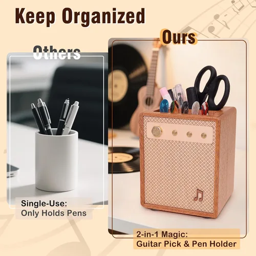 Vista 8 de CoolGift Mart Accesorios para Guitarra, Soporte para Púas de Guitarra de Madera Sapele con Estilo de Amplificador y Almacenamiento para Lápices