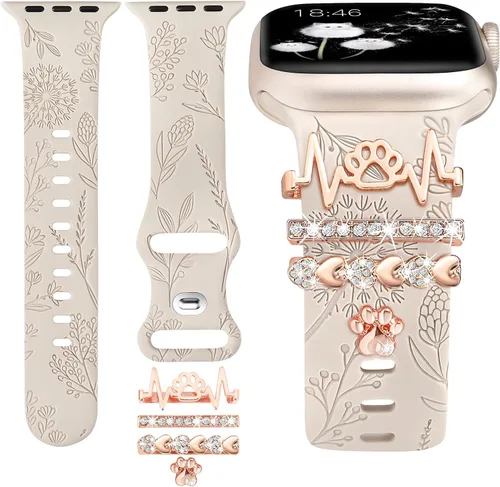 Vista 7 de Minyee Compatible con Apple Watch Banda con Encantos para Mujeres 41mm 40mm 38mm 42mm 44mm 45mm 49mm Anillos Decorativos en Forma de Flor