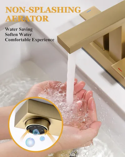 Vista 3 de Tohlar Grifo de baño de oro cepillado de 2 manijas y 4 pulgadas con drenaje desplegable y 2 mangueras sin plomo
