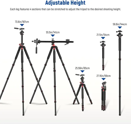 Vista 5 de NEEWER Trípode Horizontal de 73.6" con Columna Central Multiángulo, Cabezal Esférico y Plataforma de Eje Central, Trípode Monopie de Cámara