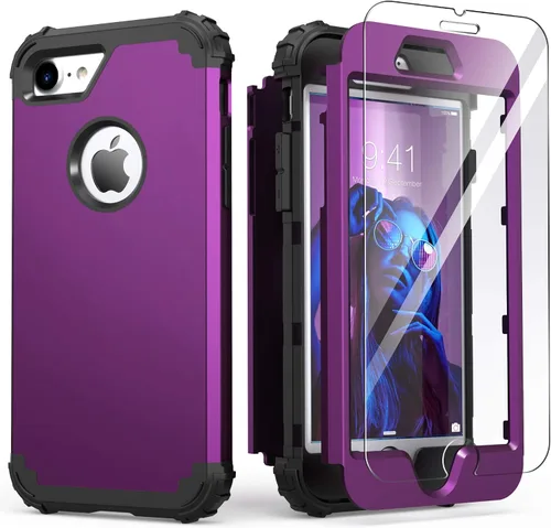 Vista 23 de IDweel Funda para iPhone 8 con Protector de Pantalla de Vidrio Templado, para iPhone 7, 3 en 1, Resistente a Golpes, Delgada, Híbrida, de Servicio