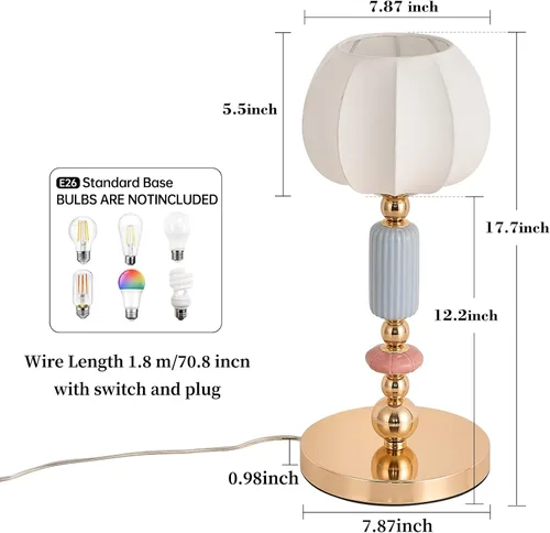 Vista 5 de Lámpara de mesa moderna imitada de seda con enchufe, base metálica, luz de escritorio con enchufe, cable y interruptor para dormitorio, mesita