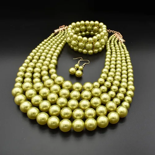 Vista 5 de JNF Collares grandes de perlas de imitación para mujer, collar de perlas de múltiples hebras, pulsera y aretes, collar de perlas para disfraz