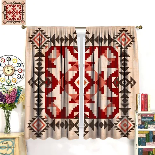 Vista 246 de Cortinas con patrón geométrico tribal, estilo suroeste, azteca, rústico, occidental, nativo americano, opacas, con bolsillo para barra, decoración