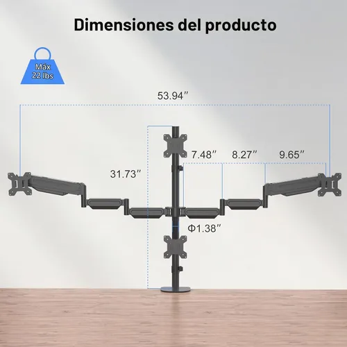 Vista 4 de Pholiten - Soporte de escritorio con brazo para monitor cuádruple para pantallas de máximo 32