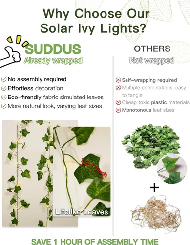 Vista 4 de suddus Cadena de luces solares de hiedra, 33 pies, 100 enredaderas LED con Ivy