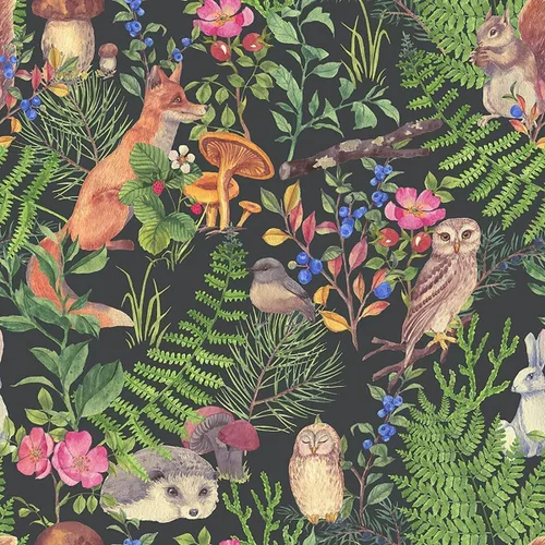 Vista 9 de Blooming Wall Papel tapiz autoadhesivo con diseño de animales lindos en bosque verde Fondo oscuro