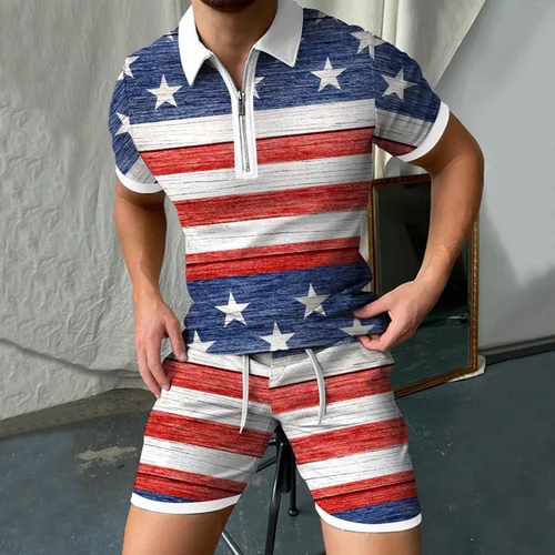 Vista 4 de Conjunto corto de 2 piezas para hombre, conjunto deportivo de verano de manga corta, polo y pantalones cortos, traje deportivo casual