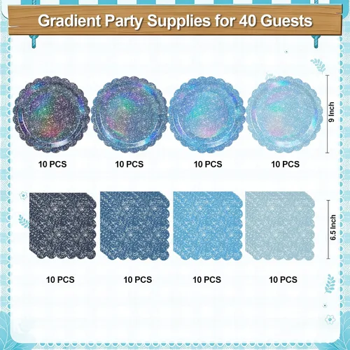 Vista 3 de Blue Iridescent Plates and Napkins Set for Birthday Baby Shower,40 Guests Disposable Light Blue Holographic Tableware Include 9" Gradient