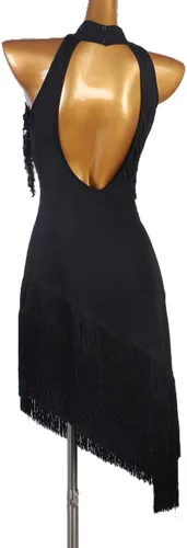 Vista 2 de Vestidos de baile latino con flecos para mujer, disfraces de competencia de cha cha, vestido de baile de baile, traje de baile de tango, negro, S